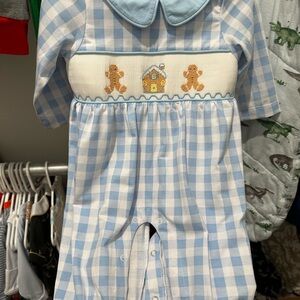Blue Checkered Baby Romper with Gingerbread Design